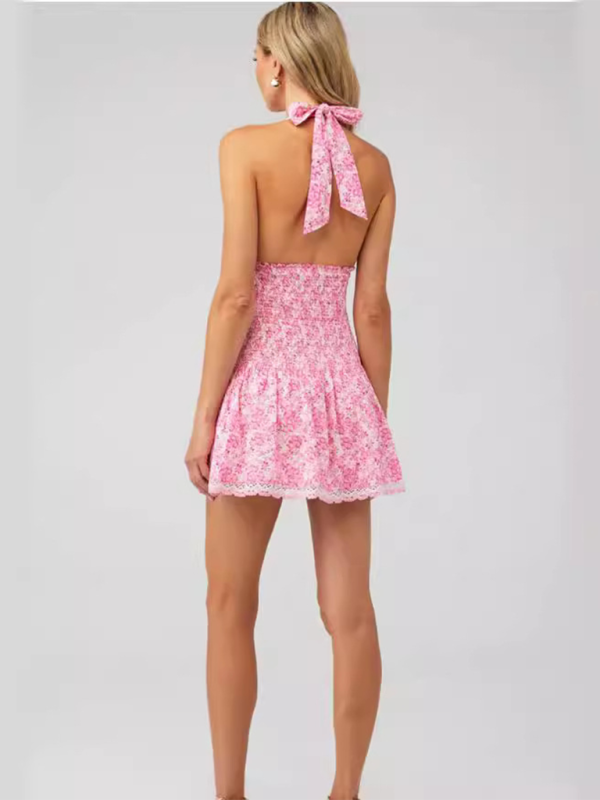 Ärmelloses, rückenfreies Kleid mit tiefem V-Ausschnitt, Schnürung und Blumenmuster zur Betonung der Taille