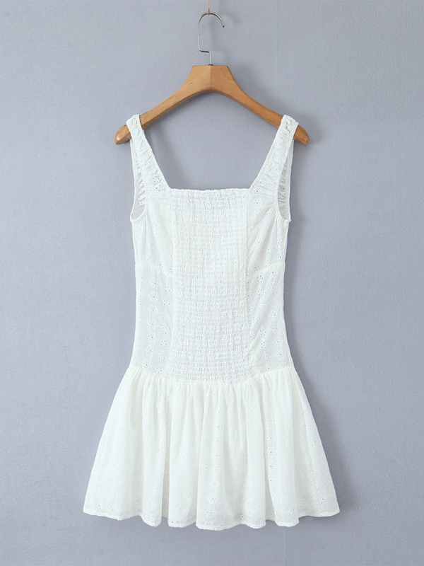 Neu Square Neck Taille Sling Kleid Französisch Süße Meer Urlaub A-linie Rock