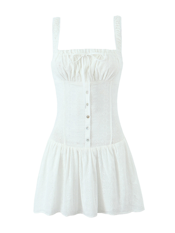 Neu Square Neck Taille Sling Kleid Französisch Süße Meer Urlaub A-linie Rock