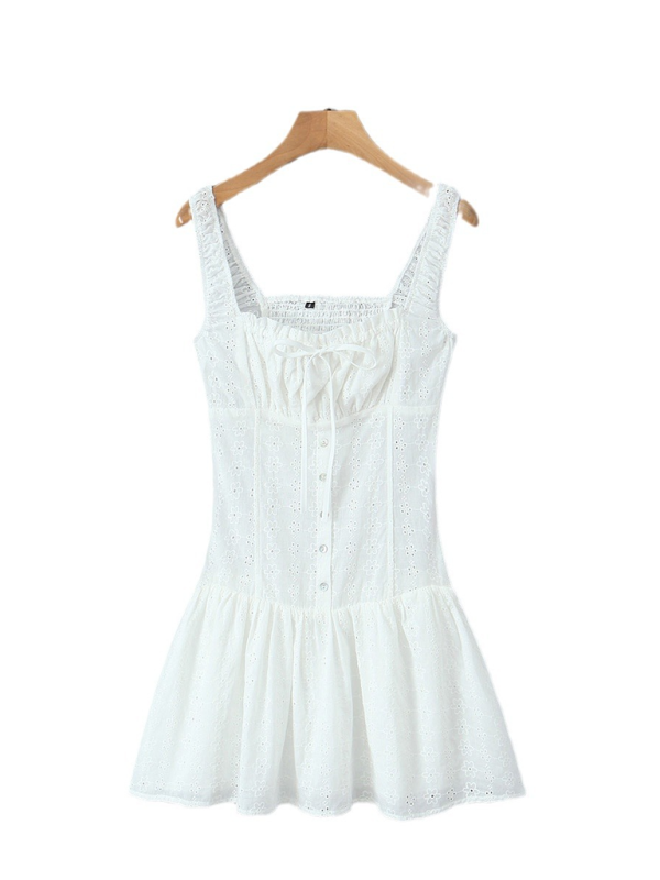 Neu Square Neck Taille Sling Kleid Französisch Süße Meer Urlaub A-linie Rock