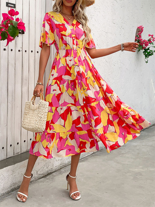 Neues bedrucktes Urlaubs-Cardigan-Kleid mit V-Ausschnitt