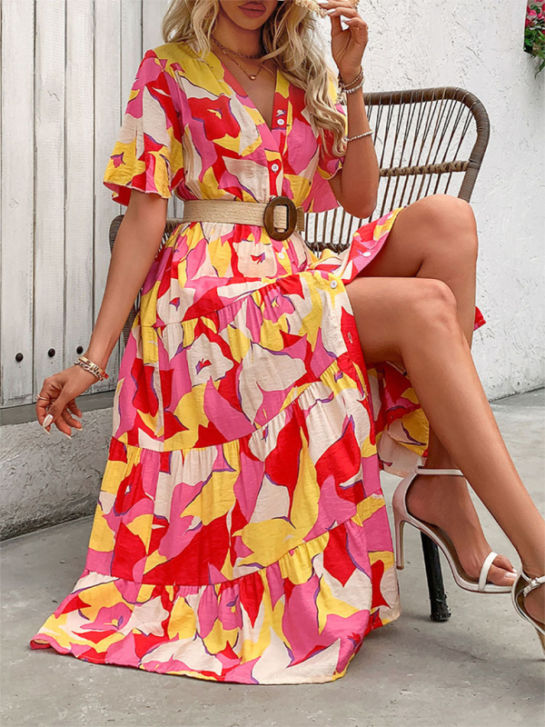 Neues bedrucktes Urlaubs-Cardigan-Kleid mit V-Ausschnitt