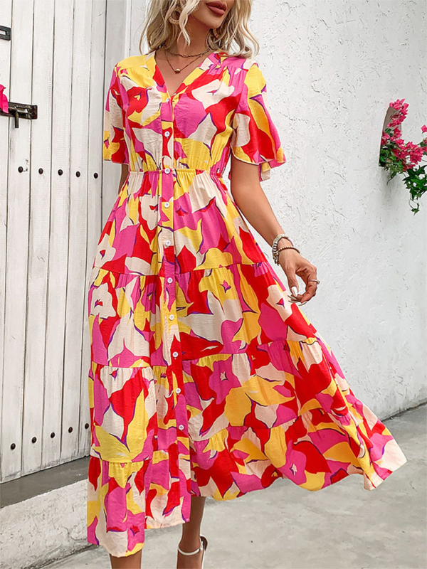 Neues bedrucktes Urlaubs-Cardigan-Kleid mit V-Ausschnitt