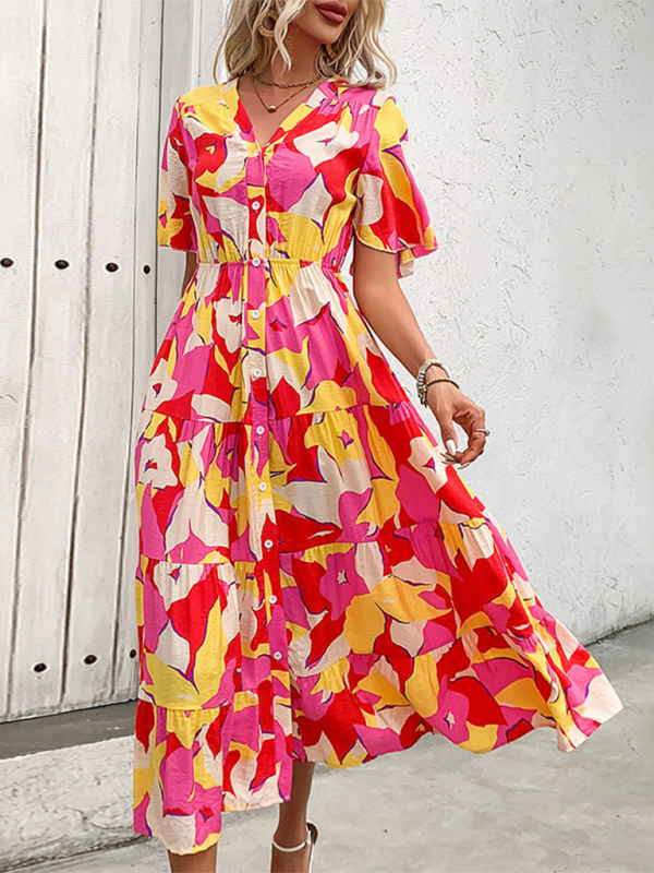 Neues bedrucktes Urlaubs-Cardigan-Kleid mit V-Ausschnitt