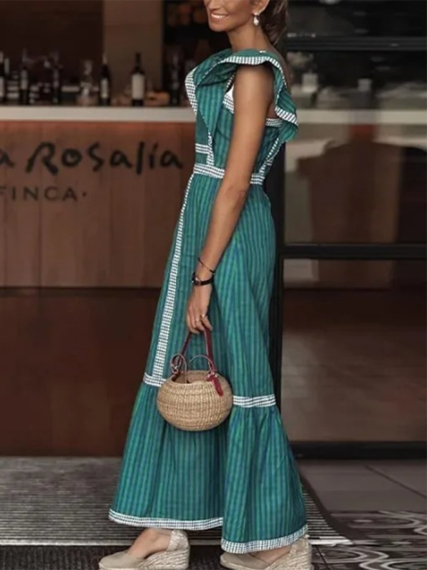 Modisches Patchwork-Kleid mit eckigem Ausschnitt und Kontrast