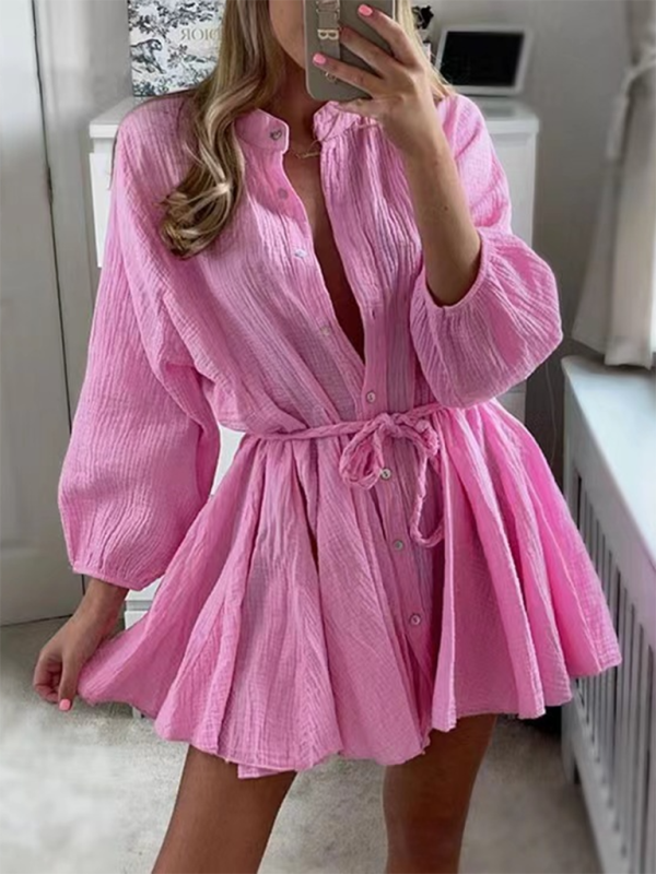 Damen Temperament Sexy Einfarbig Krawatte Knopf Lotusblatt Kleid