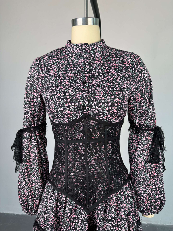Neues süßes, frisches Spitzenkleid mit langem Ärmel und frischem Druck