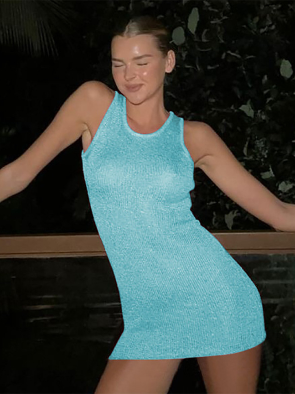 Neue Mode sexy schlanke Rundhals ärmelloses Wollkleid