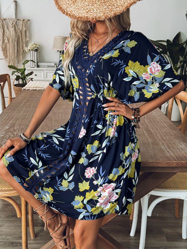 New style printed beach dress hand hook beaded stitching hollow dress beach cover up