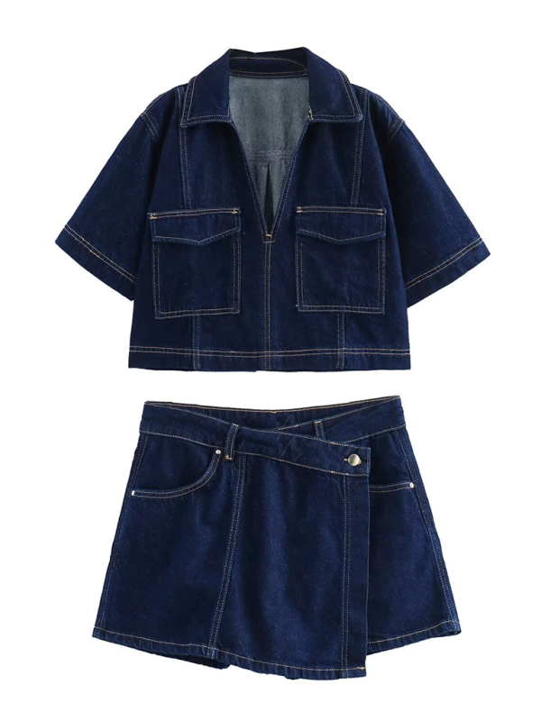 Modisches, kurzes Jeanshemd/Shorts mit Retro-Taschenbesatz