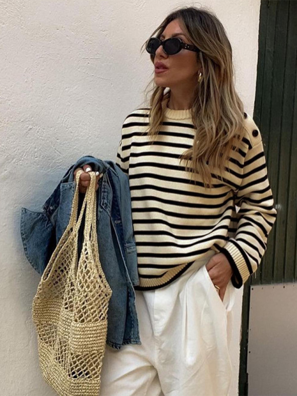 Modischer, lässiger Pullover mit Streifen in Kontrastfarbe für Damen