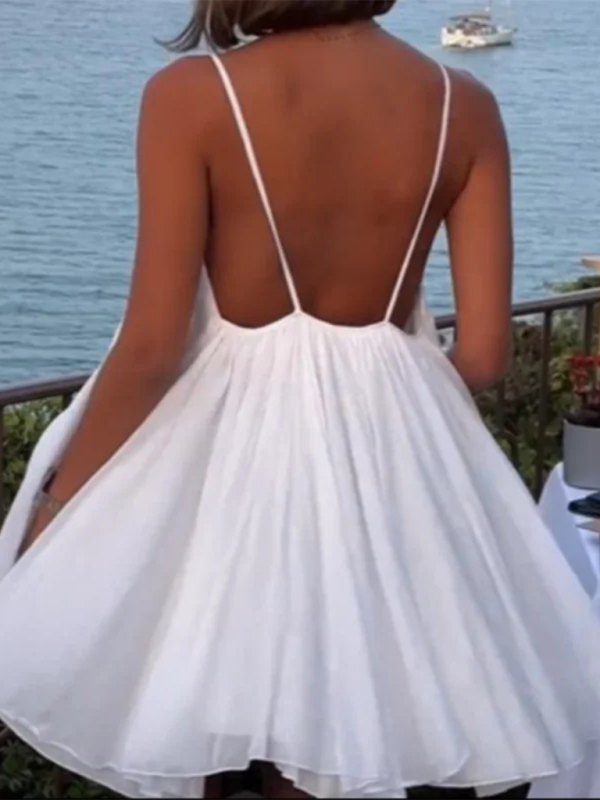 Neues flauschiges, plissiertes Saumkleid für Damen, sexy, rückenfrei, V-Ausschnitt, ärmellos, Hosenträgerkleid