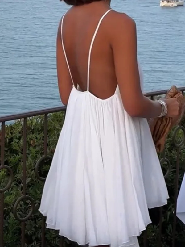 Neues flauschiges, plissiertes Saumkleid für Damen, sexy, rückenfrei, V-Ausschnitt, ärmellos, Hosenträgerkleid