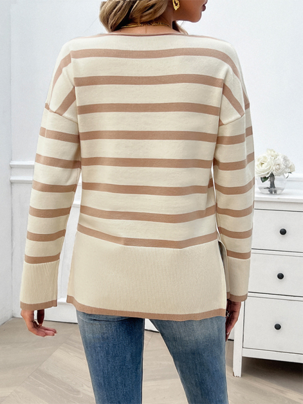 Lockerer, kontrastfarbener V-Ausschnitt-Langarmpullover für Damen im Herbst und Winter