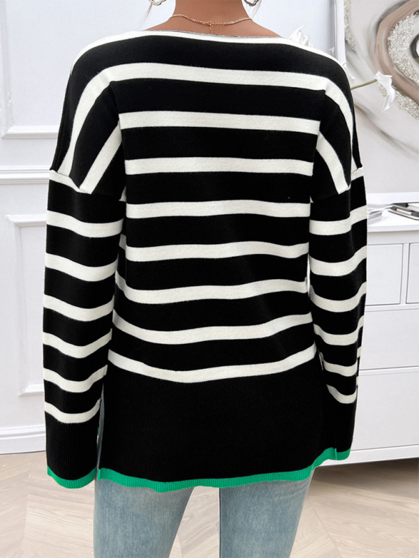 Lockerer, kontrastfarbener V-Ausschnitt-Langarmpullover für Damen im Herbst und Winter