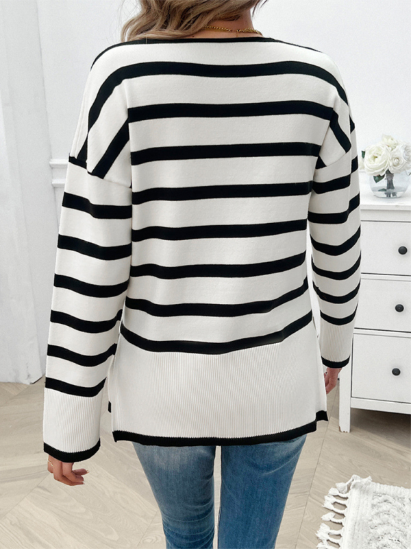 Lockerer, kontrastfarbener V-Ausschnitt-Langarmpullover für Damen im Herbst und Winter
