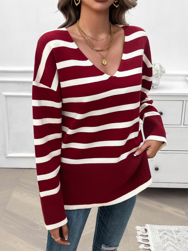 Lockerer, kontrastfarbener V-Ausschnitt-Langarmpullover für Damen im Herbst und Winter