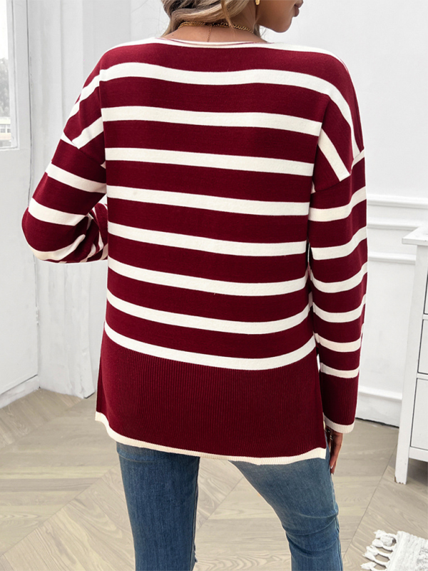 Lockerer, kontrastfarbener V-Ausschnitt-Langarmpullover für Damen im Herbst und Winter