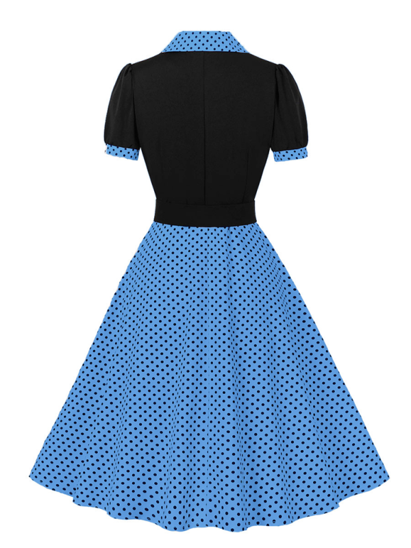 Damen neue Mode Polka Dot Revers Kurzarm Gürtel schlankes Kleid