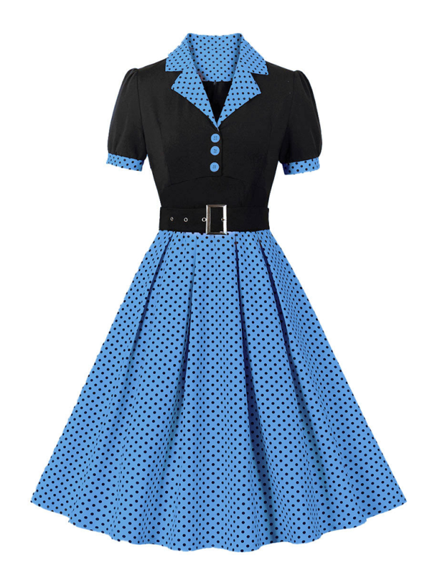 Damen neue Mode Polka Dot Revers Kurzarm Gürtel schlankes Kleid