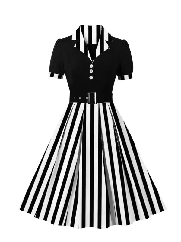 Damen neue Mode Polka Dot Revers Kurzarm Gürtel schlankes Kleid
