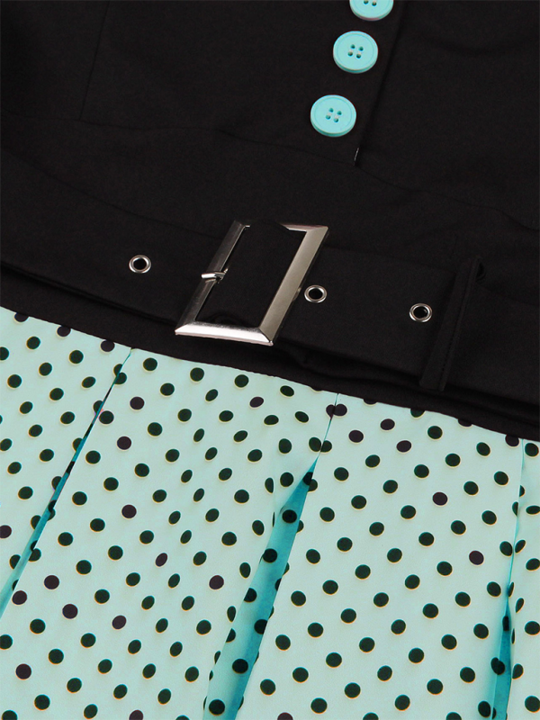Damen neue Mode Polka Dot Revers Kurzarm Gürtel schlankes Kleid