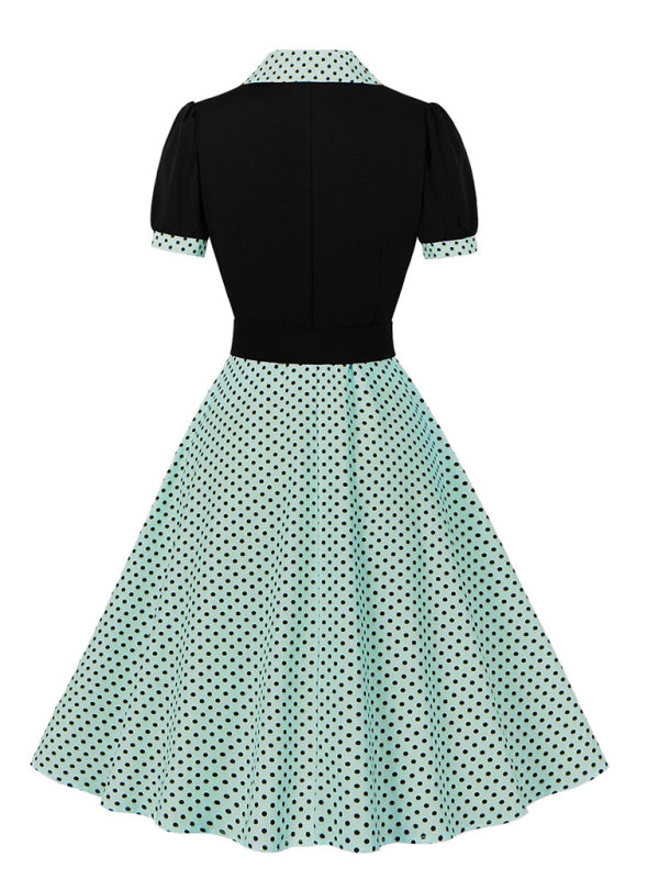 Damen neue Mode Polka Dot Revers Kurzarm Gürtel schlankes Kleid