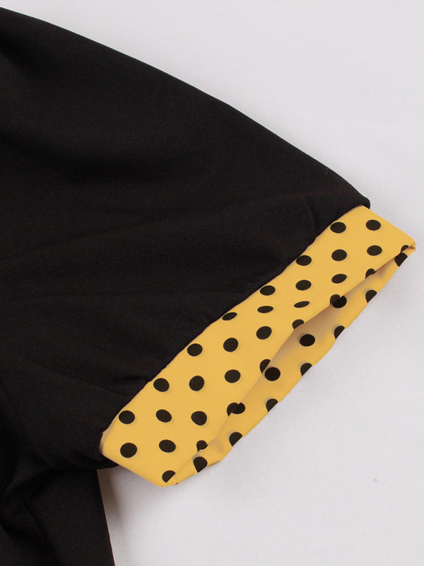 Damen neue Mode Polka Dot Revers Kurzarm Gürtel schlankes Kleid