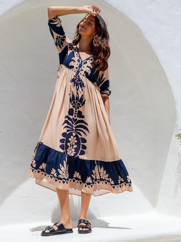 Bedrucktes Kleid mit Kordelzug für Damen, Halbarm, modisch, lockeres Freizeitkleid
