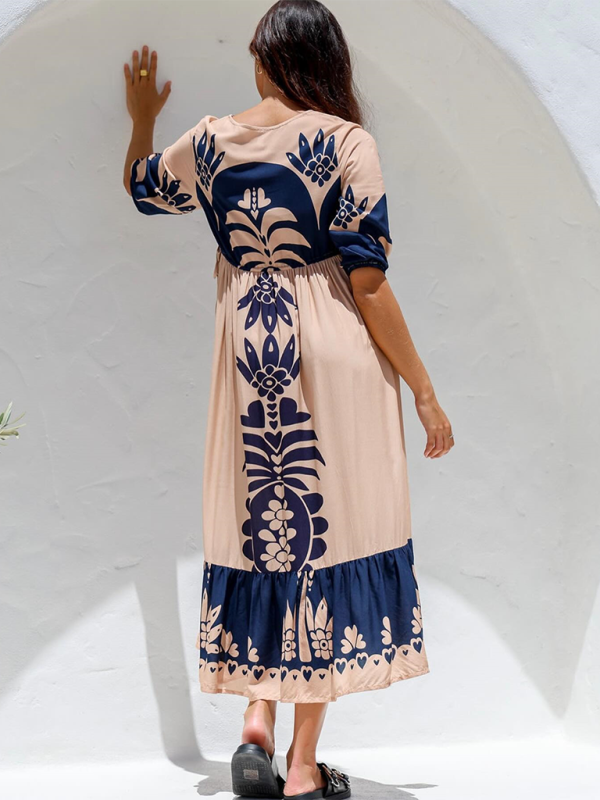 Bedrucktes Kleid mit Kordelzug für Damen, Halbarm, modisch, lockeres Freizeitkleid