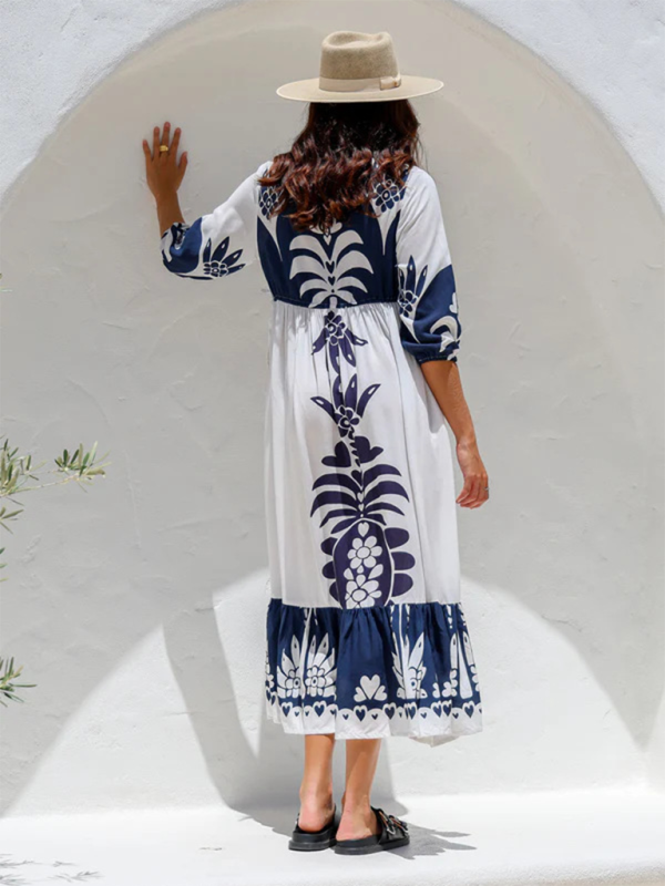 Bedrucktes Kleid mit Kordelzug für Damen, Halbarm, modisch, lockeres Freizeitkleid