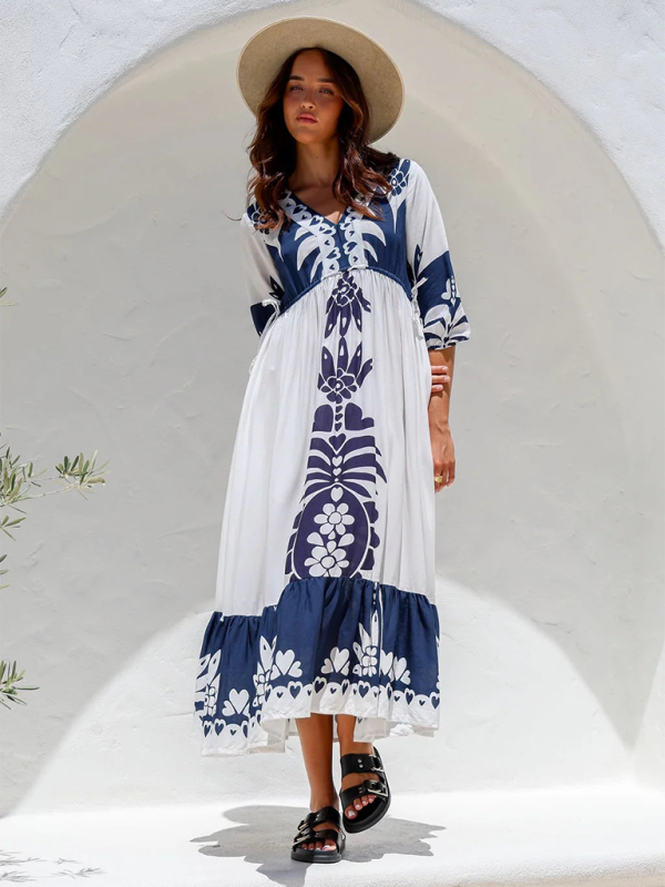 Bedrucktes Kleid mit Kordelzug für Damen, Halbarm, modisch, lockeres Freizeitkleid
