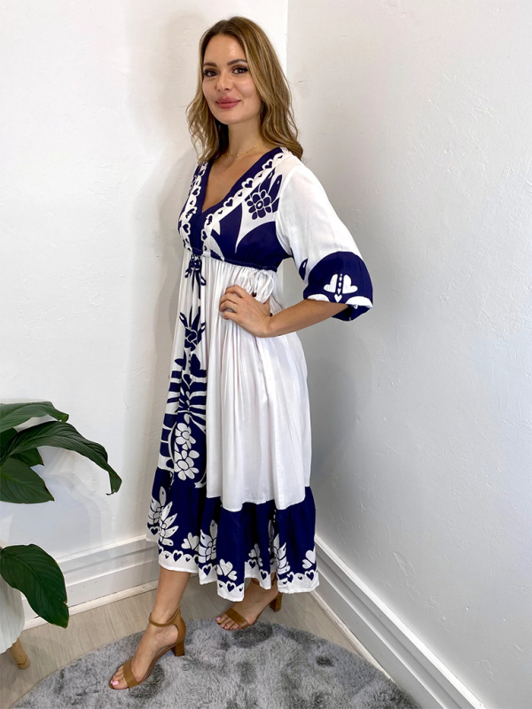 Bedrucktes Kleid mit Kordelzug für Damen, Halbarm, modisch, lockeres Freizeitkleid