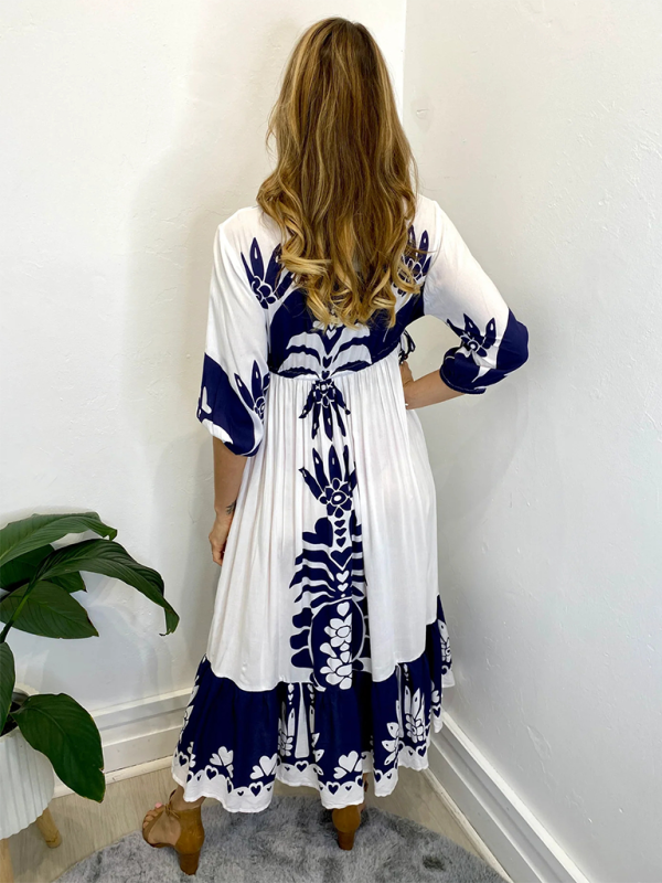 Bedrucktes Kleid mit Kordelzug für Damen, Halbarm, modisch, lockeres Freizeitkleid