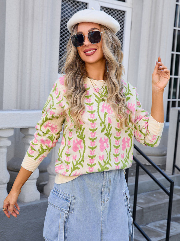 Damen neue jacquard zweig rundhals blume gestrickte mode pullover