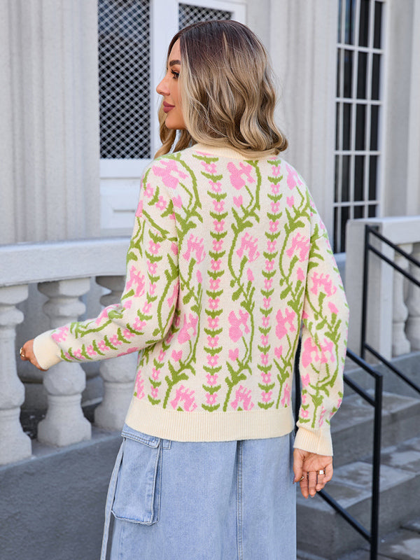 Damen neue jacquard zweig rundhals blume gestrickte mode pullover