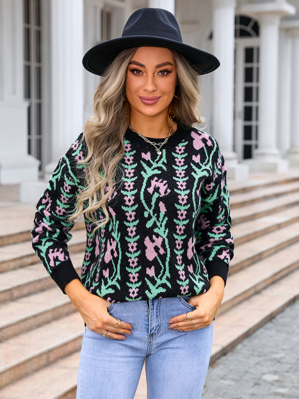 Damen neue jacquard zweig rundhals blume gestrickte mode pullover
