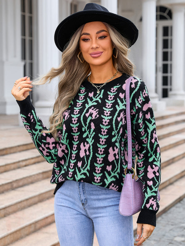 Damen neue jacquard zweig rundhals blume gestrickte mode pullover