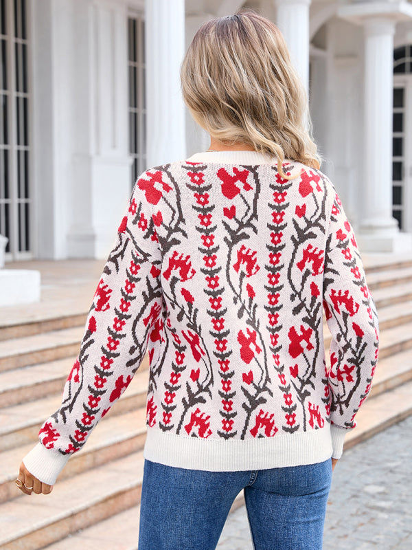 Damen neue jacquard zweig rundhals blume gestrickte mode pullover
