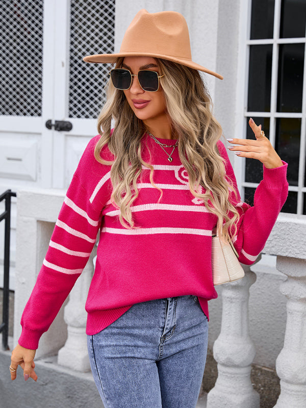 Modischer Strickpullover mit Streifen und Schleife für Damen