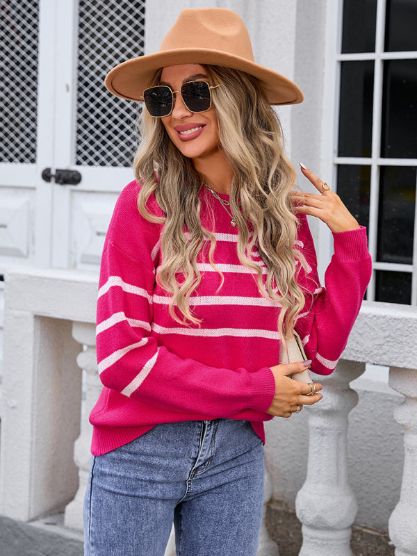 Modischer Strickpullover mit Streifen und Schleife für Damen