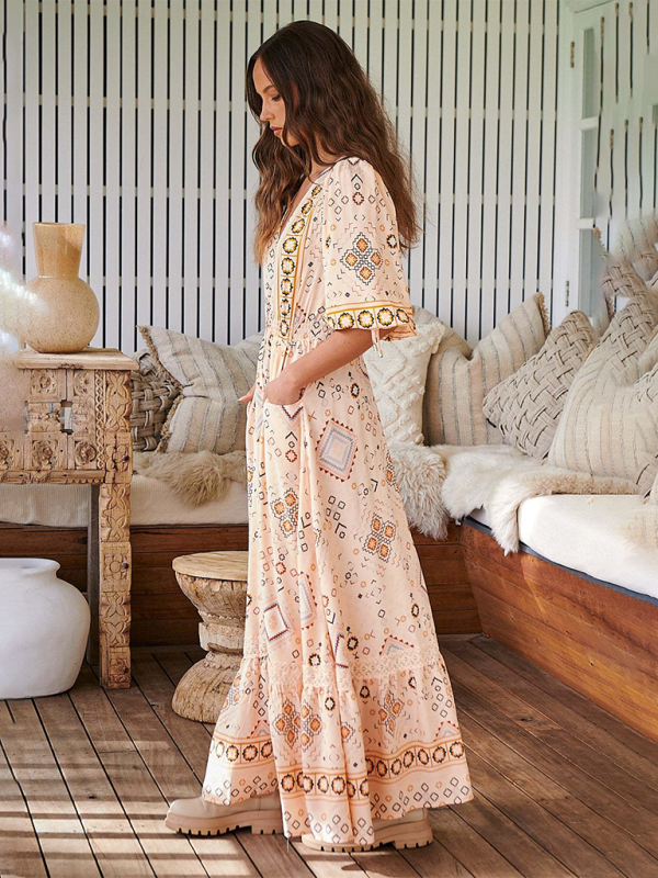 Sexy Button-Down-Kleid mit V-Ausschnitt und Bohemian-Print