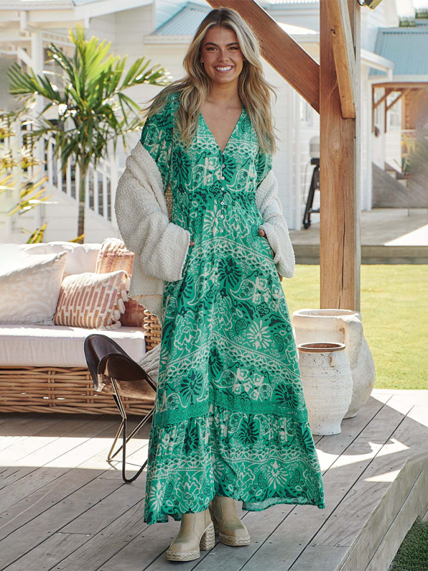 Sexy Button-Down-Kleid mit V-Ausschnitt und Bohemian-Print
