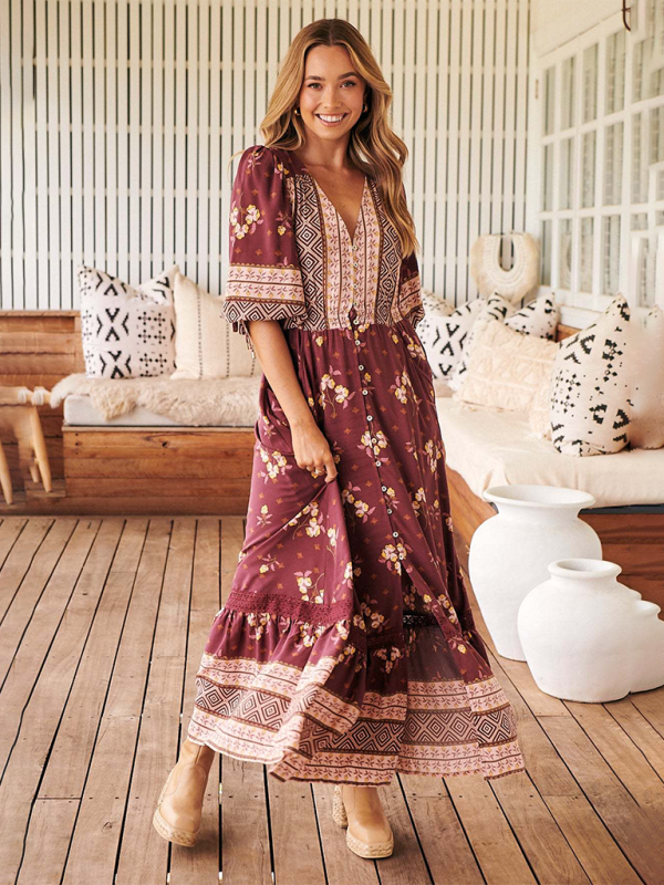 Sexy Button-Down-Kleid mit V-Ausschnitt und Bohemian-Print
