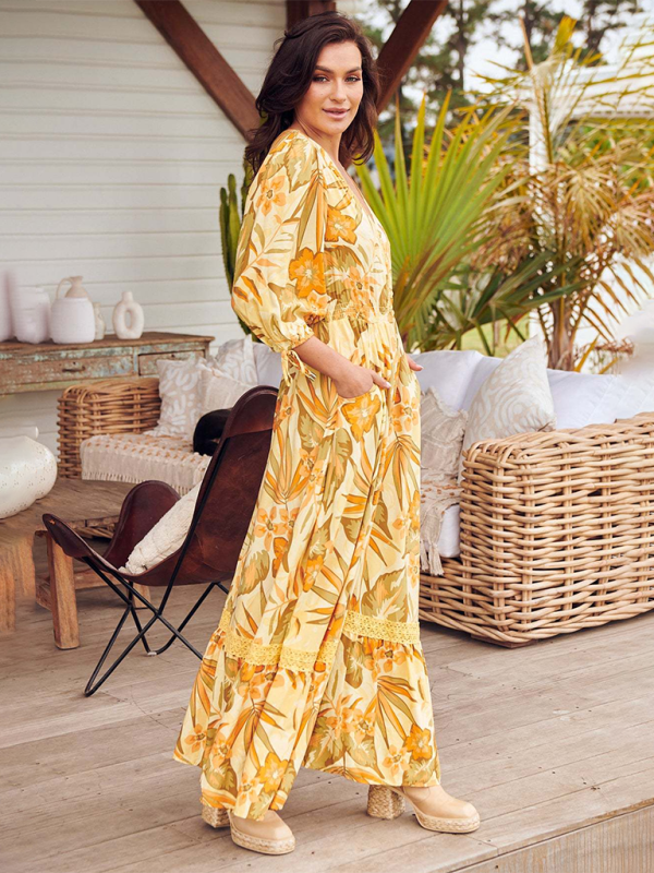 Sexy Button-Down-Kleid mit V-Ausschnitt und Bohemian-Print
