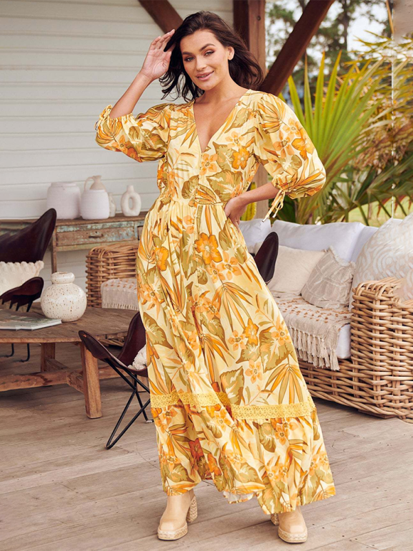 Sexy Button-Down-Kleid mit V-Ausschnitt und Bohemian-Print