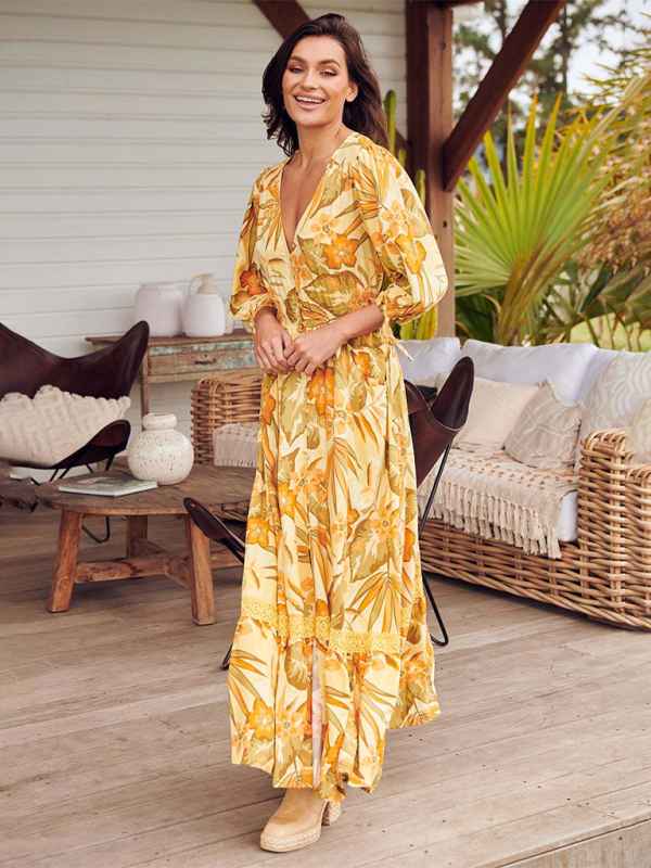 Sexy Button-Down-Kleid mit V-Ausschnitt und Bohemian-Print