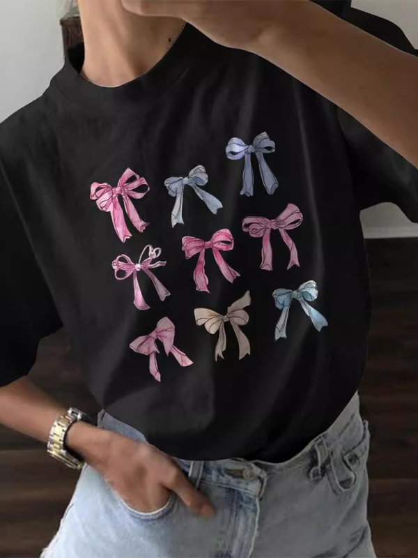 T-Shirt mit Rundhalsausschnitt und Schleife, lockerer und vielseitiger Rundhalsausschnitt, kurze Ärmel
