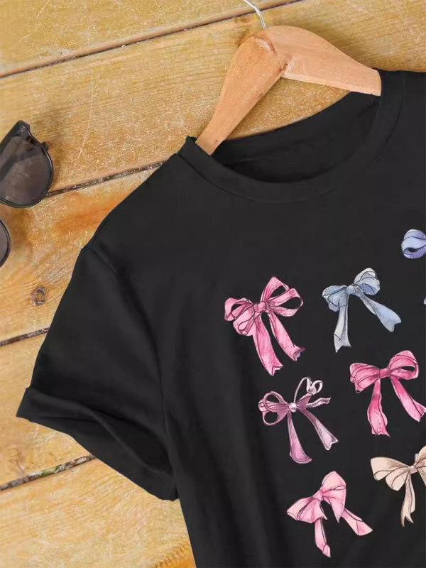 T-Shirt mit Rundhalsausschnitt und Schleife, lockerer und vielseitiger Rundhalsausschnitt, kurze Ärmel