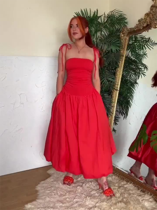 Neues Neckholder-Kleid mit rückenfreiem, ärmellosem, gerafftem Patchwork-Taschenkleid